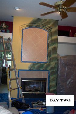 adding glaze to faux marble fireplace